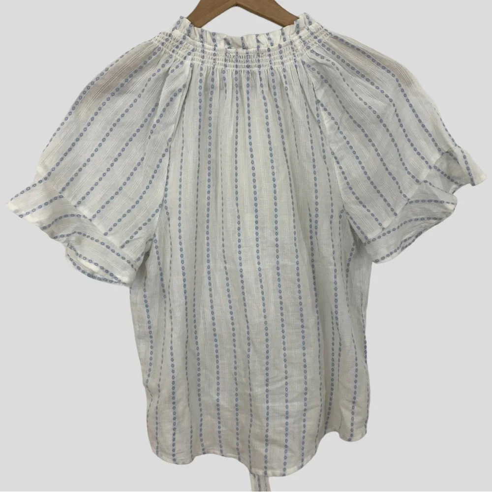 Paige White + Blue Embroidered Tie Waist Tassel Detail Cropped Shirt Size XS
